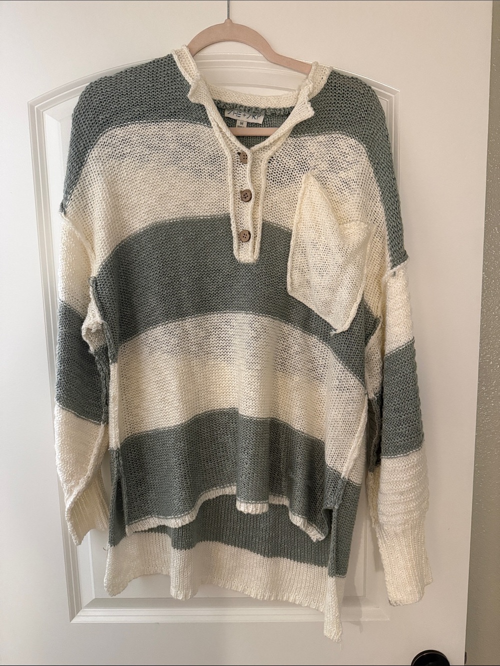 Striped Henley Pullover Sweater - Cream & Green